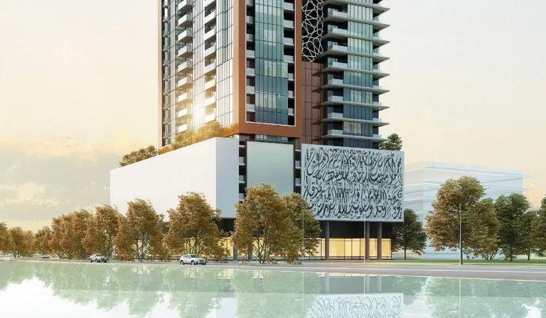 Facade of the Tiger Faradis residential complex on Maryam Island, Sharjah
